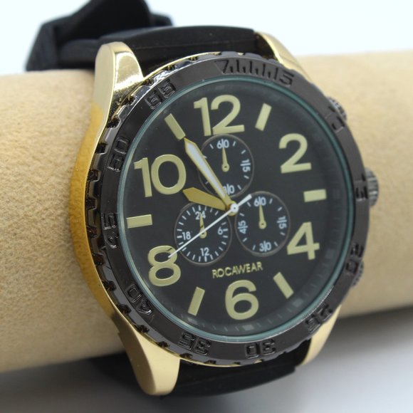 Rocawear Men's Stylish Classy Round Black & Gold Dial Black Rubber Band Watch - Picture 1 of 6
